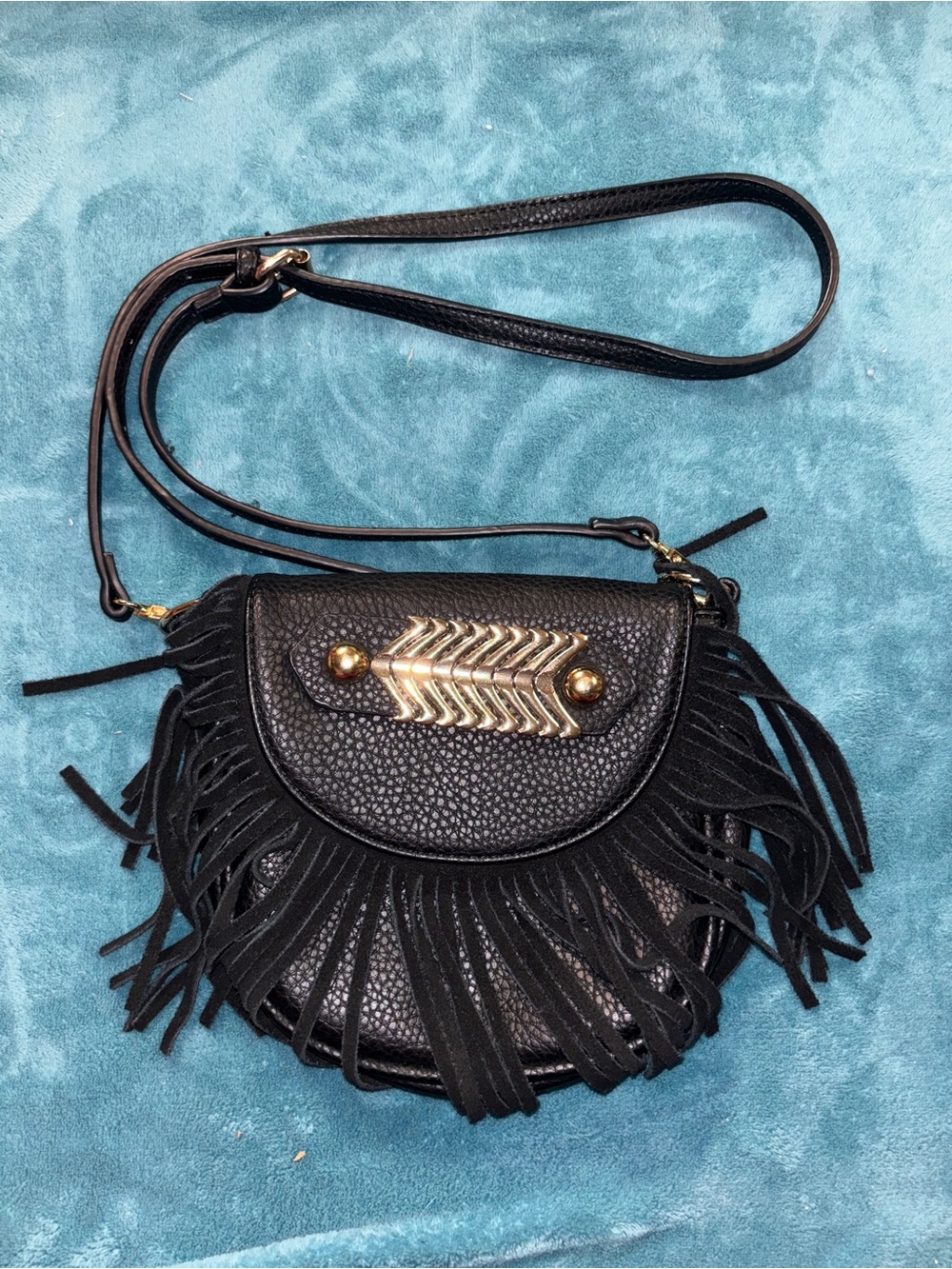 Black Fringe Crossbody Bag with Gold Accent